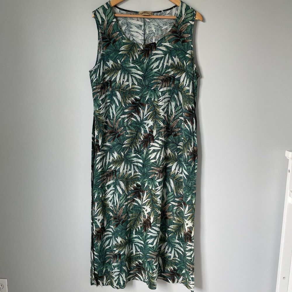 Notations Vintage Tropical Leaf Print Maxi Dress Sleeveless Green Rayon Size XL